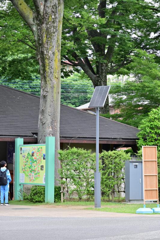 公園入口付近に設置されたソーラー照明灯の画像